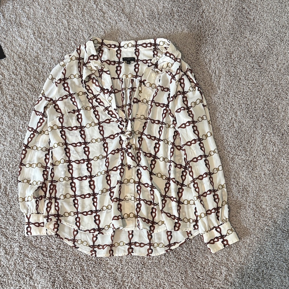 Talbots Cream Blouse with Brown and Gold Chain Print